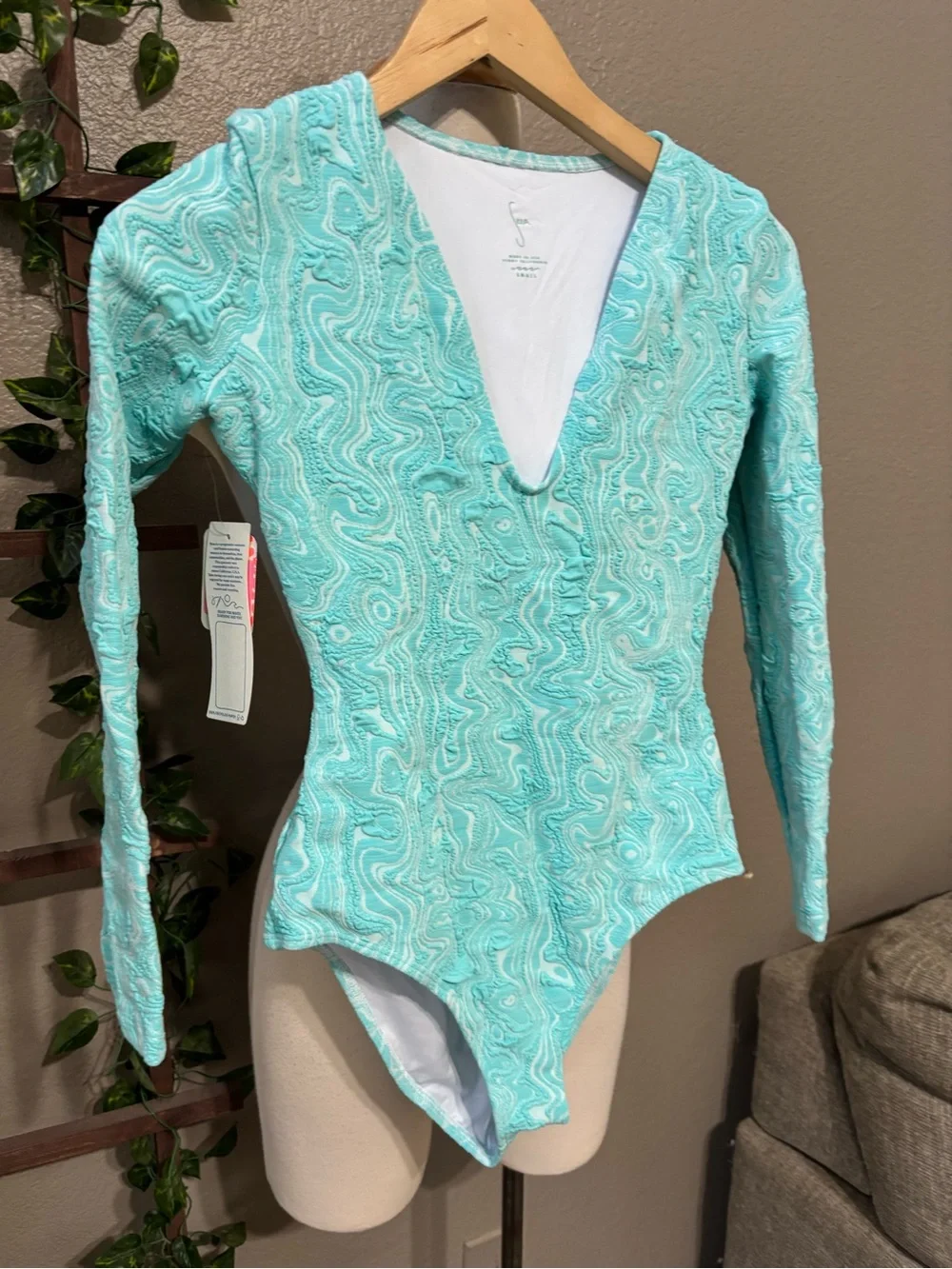 NWT Seea free people Valentina one piece swimsuit long sleeves blue S